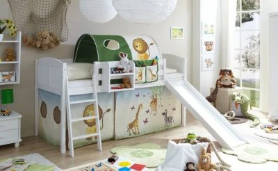 TICAA Hochbett Mit Rutsche Rutschbett "Ekki" Country Kiefer Weiß Motiv 3 TICAA Hochbett Mit Rutsche Rutschbett "Ekki" Country Kiefer Weiß Motiv