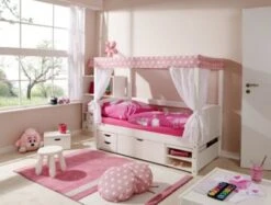 TICAA Himmelbett Mini Mit Bettkasten "Stern Rosa" Kiefer Weiß