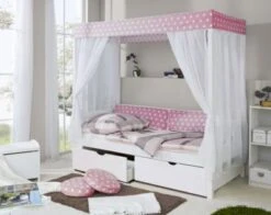 TICAA Himmelbett "Rosa" 310 Kiefer Weiß (Rosa/Weiß Stern)