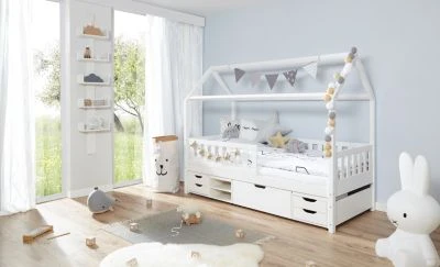 TICAA Hausbett "Traumhaus" Mit Funktionsschubkasten Kiefer Weiß 5 TICAA Hausbett "Traumhaus" Mit Funktionsschubkasten Kiefer Weiß – Bild 3