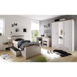 LOMADO® Kleiderschrank Im Landhaus Stil LUND-78 In Pinie Weiß Nb./Trüffel Eiche Nb., B/H/T: Ca. 148/201/62 Cm -Mytoys Home Store 21475591 03