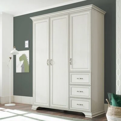 LOMADO® Kleiderschrank 3-türig Babyzimmer VALENCIA-78 In Used White Mit Patina, B/H/T: Ca. 160/212/62 Cm 3 LOMADO® Kleiderschrank 3-türig Babyzimmer VALENCIA-78 In Used White Mit Patina, B/H/T: Ca. 160/212/62 Cm