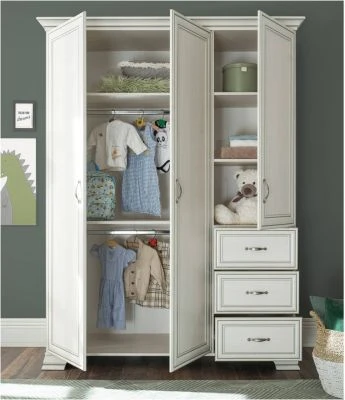 LOMADO® Kleiderschrank 3-türig Babyzimmer VALENCIA-78 In Used White Mit Patina, B/H/T: Ca. 160/212/62 Cm 5 LOMADO® Kleiderschrank 3-türig Babyzimmer VALENCIA-78 In Used White Mit Patina, B/H/T: Ca. 160/212/62 Cm – Bild 3