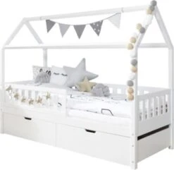 TICAA Hausbett "Traumhaus" Mit 2er Schubkästen Kiefer Weiß