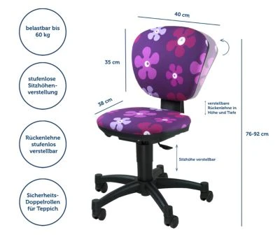 TOPSTAR Drehstuhl Ergokid 15 Jet, Flower Lila 4 TOPSTAR Drehstuhl Ergokid 15 Jet, Flower Lila – Bild 2