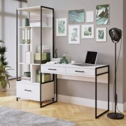 LOMADO® Büro Set Sekretär Regal JADE-83 In Weiß, B/H/T: Ca. 195/200/55 Cm