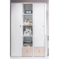 LOMADO® Kinderzimmer Schrank Regal Kombi ELVA-131 In Weiß Mit Fjord Buche Nb. Und Hellrosa, B/H/T: Ca. 123/193/40 Cm