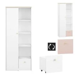 LOMADO® Kinderzimmer Schrank Regal Kombi ELVA-131 In Weiß Mit Fjord Buche Nb. Und Hellrosa, B/H/T: Ca. 123/193/40 Cm -Mytoys Home Store 27336950 03