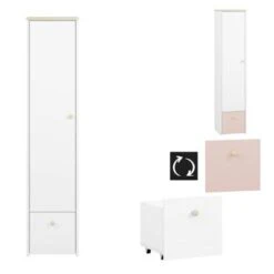 LOMADO® Kinderzimmer Schrank Regal Kombi ELVA-131 In Weiß Mit Fjord Buche Nb. Und Hellrosa, B/H/T: Ca. 123/193/40 Cm -Mytoys Home Store 27336950 05