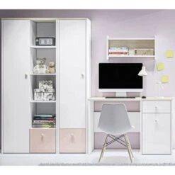 LOMADO® Kinder Schreibtisch Set ELVA-131 In Weiß Mit Fjord Buche Nb. Und Hellrosa, B/H/T: Ca. 240/193/51