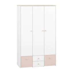 LOMADO® Kleiderschrank Mit 3 Türen ELVA-131 In Weiß Mit Fjord Buche Nb. Und Hellrosa, B/H/T: Ca. 117/193/51