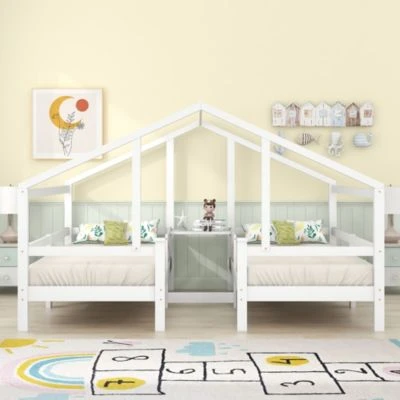 Merax Hausbett Kinderbett 90x200 Cm 2tlg. Mit Rausfallschutz, Nacchttisch Und Lattenrost 5 Merax Hausbett Kinderbett 90x200 Cm 2tlg. Mit Rausfallschutz, Nacchttisch Und Lattenrost – Bild 3