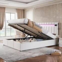 Merax Boxspringbett Hydraulisch Polsterbett Mit LED-Beleuchtung,Bluetooth-Player Und USB