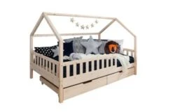 TICAA Kinderbett Hausbett "Kay" 90x200 Inkl. Schubkästen Kiefer Natur