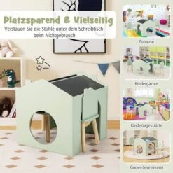 COSTWAY® 3tlg. Kinder Sitzgruppe Zeichentisch Mit Tafel & Stauraum Hausform -Mytoys Home Store 29631445 04