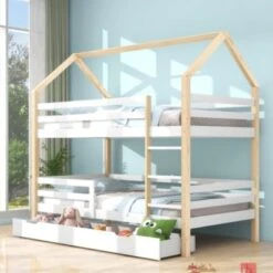 Merax Etagenbetten Etagenbett 90x200 Cm Kinderbett Stockbett Mit Schubladen Und Leiter, Lattenrost Und Fallschutz, Spielbett Hausbett Jugendbett Rahmen Aus Kiefer