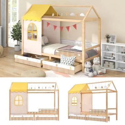 Merax Hausbett Kinderbett 90x200 Cm Kieferholzbett Mit Schubladen Und Lattenrost, Hausbett Mit Dach Und Wolken- Und Sternanhänger, Massivholz Kinderhaus Für Jungen & Mädchen 4 Merax Hausbett Kinderbett 90x200 Cm Kieferholzbett Mit Schubladen Und Lattenrost, Hausbett Mit Dach Und Wolken- Und Sternanhänger, Massivholz Kinderhaus Für Jungen & Mädchen – Bild 2