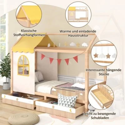 Merax Hausbett Kinderbett 90x200 Cm Kieferholzbett Mit Schubladen Und Lattenrost, Hausbett Mit Dach Und Wolken- Und Sternanhänger, Massivholz Kinderhaus Für Jungen & Mädchen 5 Merax Hausbett Kinderbett 90x200 Cm Kieferholzbett Mit Schubladen Und Lattenrost, Hausbett Mit Dach Und Wolken- Und Sternanhänger, Massivholz Kinderhaus Für Jungen & Mädchen – Bild 3