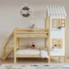 Merax Hausbetten Etagenbett 90x200cm Kinderbett Mit Leiter, Fallschutz Und Lattenrost, Hochbett Stockbett Kiefer Holzbett Hausbett Mit Dach Und Fenster, Weiß/Natur -Mytoys Home Store 30237918 01