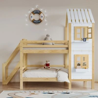 Merax Hausbetten Etagenbett 90x200cm Kinderbett Mit Leiter, Fallschutz Und Lattenrost, Hochbett Stockbett Kiefer Holzbett Hausbett Mit Dach Und Fenster, Weiß/Natur 3 Merax Hausbetten Etagenbett 90x200cm Kinderbett Mit Leiter, Fallschutz Und Lattenrost, Hochbett Stockbett Kiefer Holzbett Hausbett Mit Dach Und Fenster, Weiß/Natur