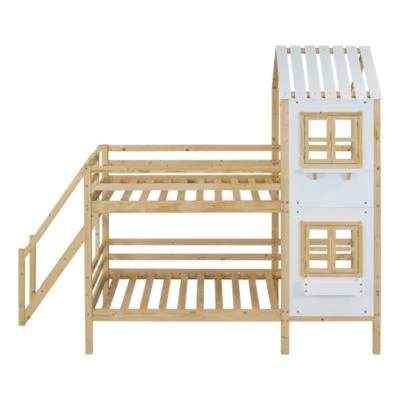 Merax Hausbetten Etagenbett 90x200cm Kinderbett Mit Leiter, Fallschutz Und Lattenrost, Hochbett Stockbett Kiefer Holzbett Hausbett Mit Dach Und Fenster, Weiß/Natur 5 Merax Hausbetten Etagenbett 90x200cm Kinderbett Mit Leiter, Fallschutz Und Lattenrost, Hochbett Stockbett Kiefer Holzbett Hausbett Mit Dach Und Fenster, Weiß/Natur – Bild 3