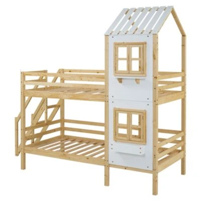 Merax Hausbetten Etagenbett 90x200cm Kinderbett Mit Leiter, Fallschutz Und Lattenrost, Hochbett Stockbett Kiefer Holzbett Hausbett Mit Dach Und Fenster, Weiß/Natur 7 Merax Hausbetten Etagenbett 90x200cm Kinderbett Mit Leiter, Fallschutz Und Lattenrost, Hochbett Stockbett Kiefer Holzbett Hausbett Mit Dach Und Fenster, Weiß/Natur – Bild 5