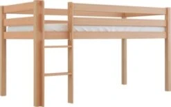 Polini-kids Hochbett Kinderbett TIM 200x90 Cm Buchenholz Massiv Natur