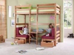 Relita Etagenbett Finley, Buche Natur Lackiert, 90 X 200 Cm, Inkl. Sitzkissen, Pink