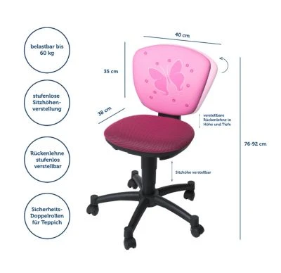 TOPSTAR Drehstuhl Ergokid 15 Jet, Schmetterlinge Pink 4 TOPSTAR Drehstuhl Ergokid 15 Jet, Schmetterlinge Pink – Bild 2